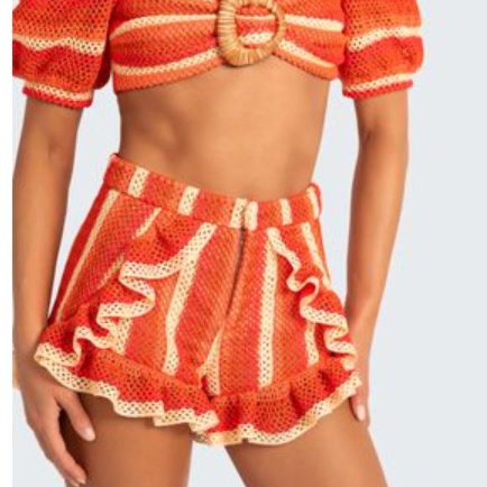PatBO  Striped Crochet Ruffle Hem Shorts